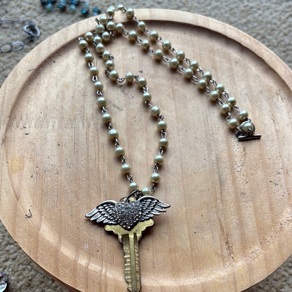 Brighton Pearl Beaded Necklace with Winged Key Pendant